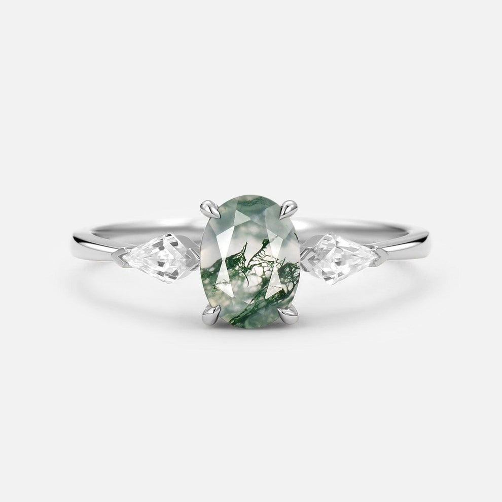 1.5ct Oval Moss Agate Three Stones Engagement Ring.