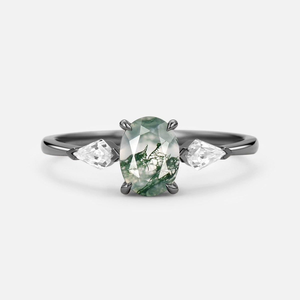 1.5ct Oval Moss Agate Three Stones Engagement Ring.
