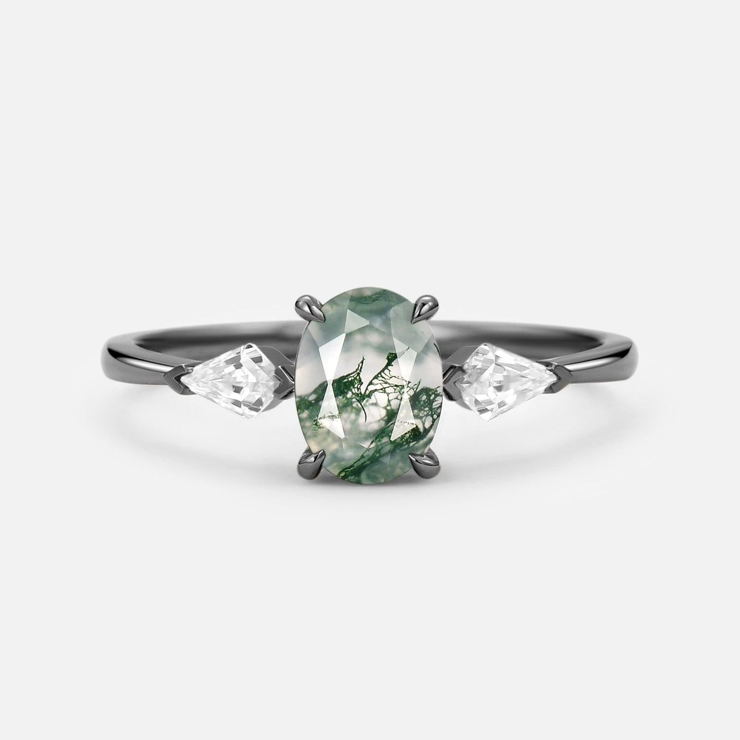 1.5ct Oval Moss Agate Three Stones Engagement Ring.