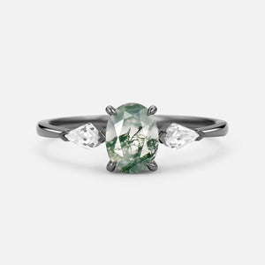 1.5ct Oval Moss Agate Three Stones Engagement Ring.