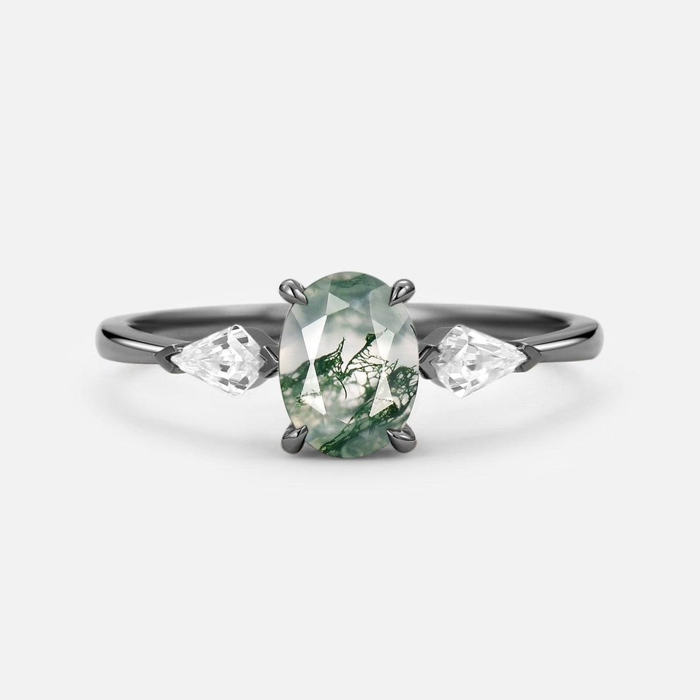 1.5ct Oval Moss Agate Three Stones Engagement Ring.