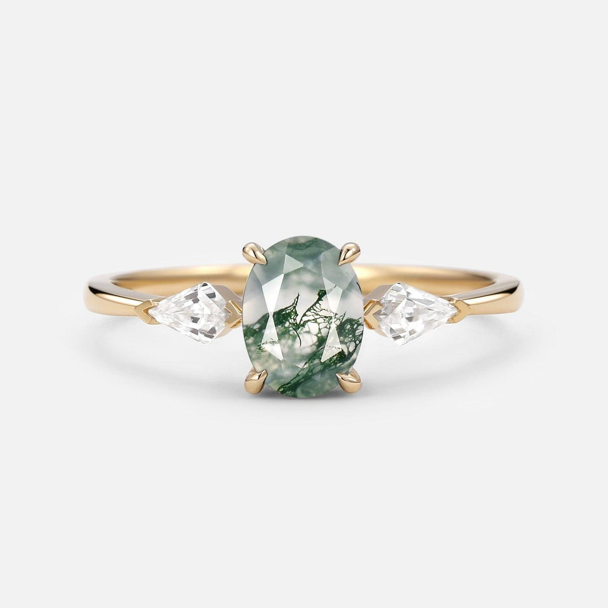 1.5ct Oval Moss Agate Three Stones Engagement Ring.