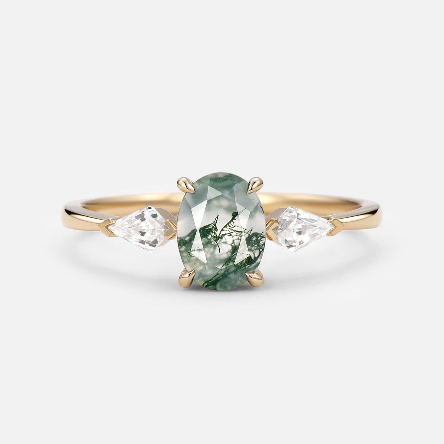 1.5ct Oval Moss Agate Three Stones Engagement Ring.