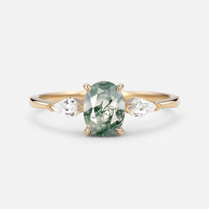 1.5ct Oval Moss Agate Three Stones Engagement Ring.
