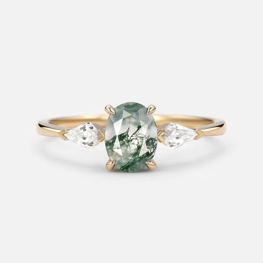 1.5ct Oval Moss Agate Three Stones Engagement Ring.