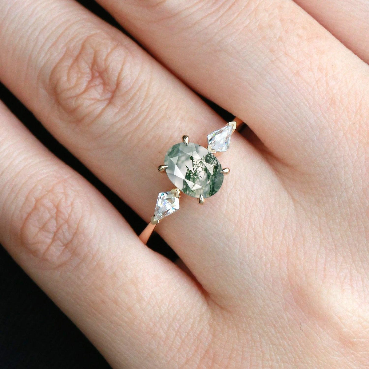 1.5ct Oval Moss Agate Three Stones Engagement Ring.