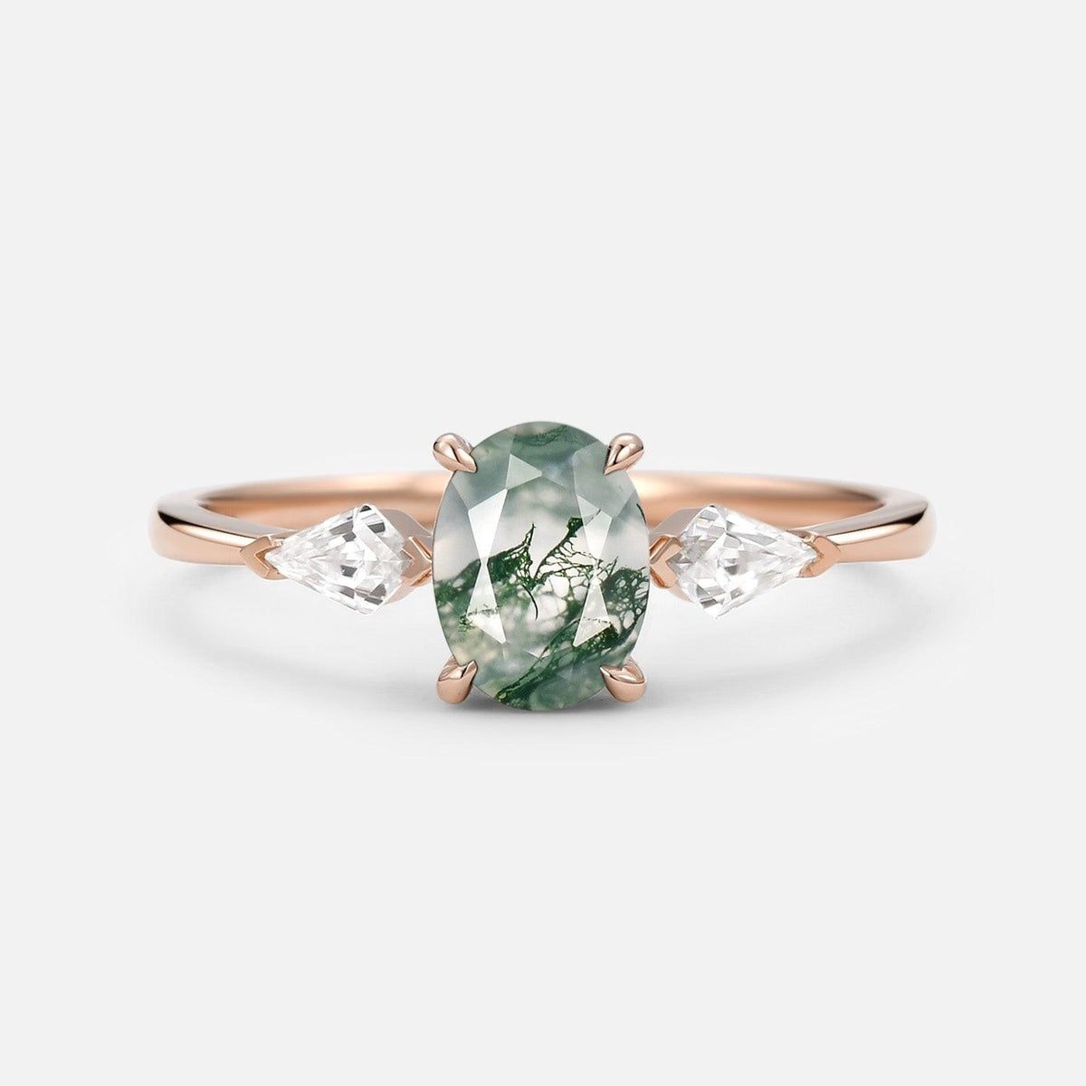 1.5ct Oval Moss Agate Three Stones Engagement Ring.