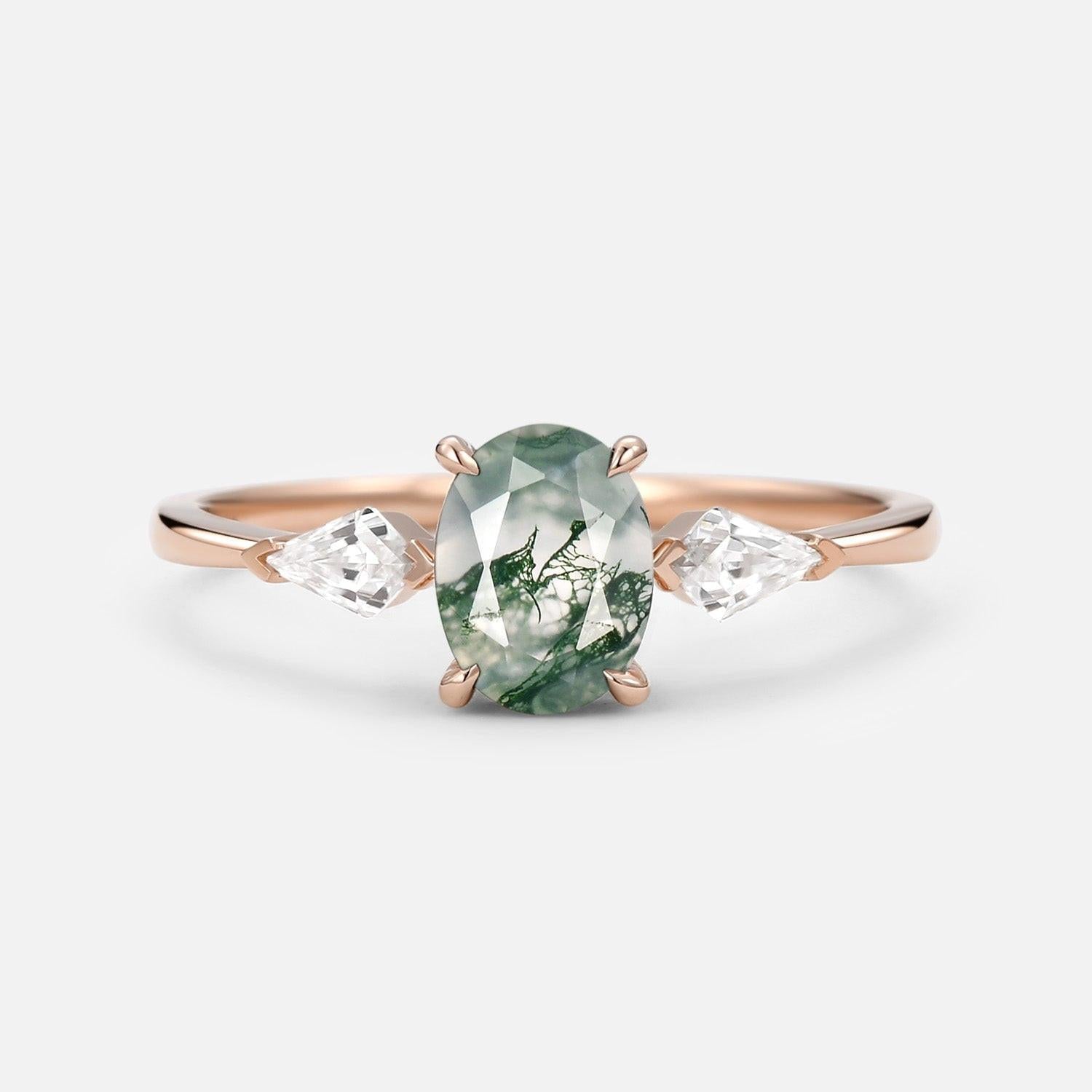 1.5ct Oval Moss Agate Three Stones Engagement Ring.