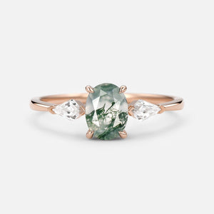 1.5ct Oval Moss Agate Three Stones Engagement Ring.