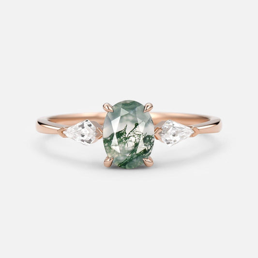 1.5ct Oval Moss Agate Three Stones Engagement Ring.