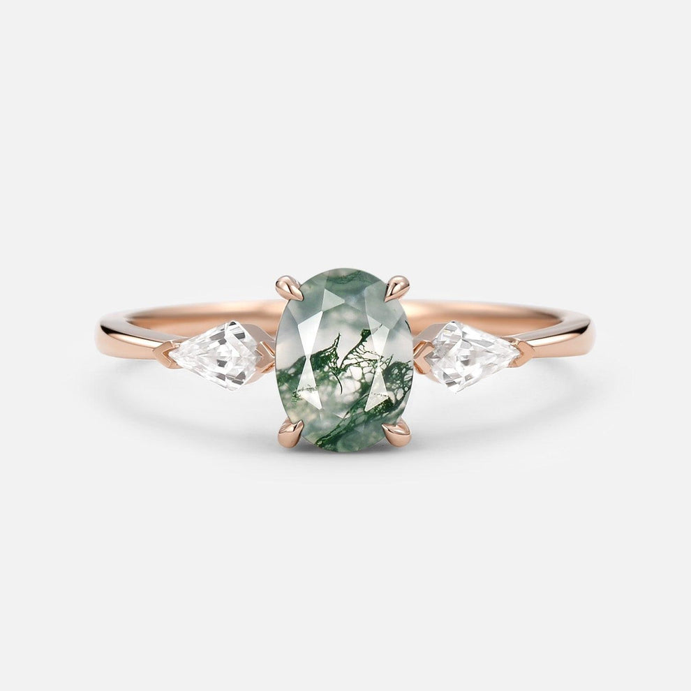1.5ct Oval Moss Agate Three Stones Engagement Ring.