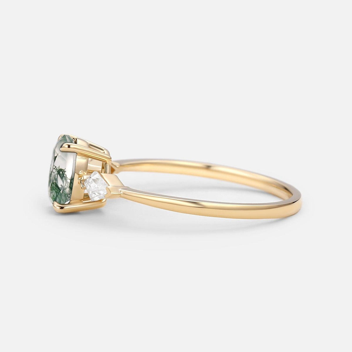 1.5ct Oval Moss Agate Three Stones Engagement Ring.
