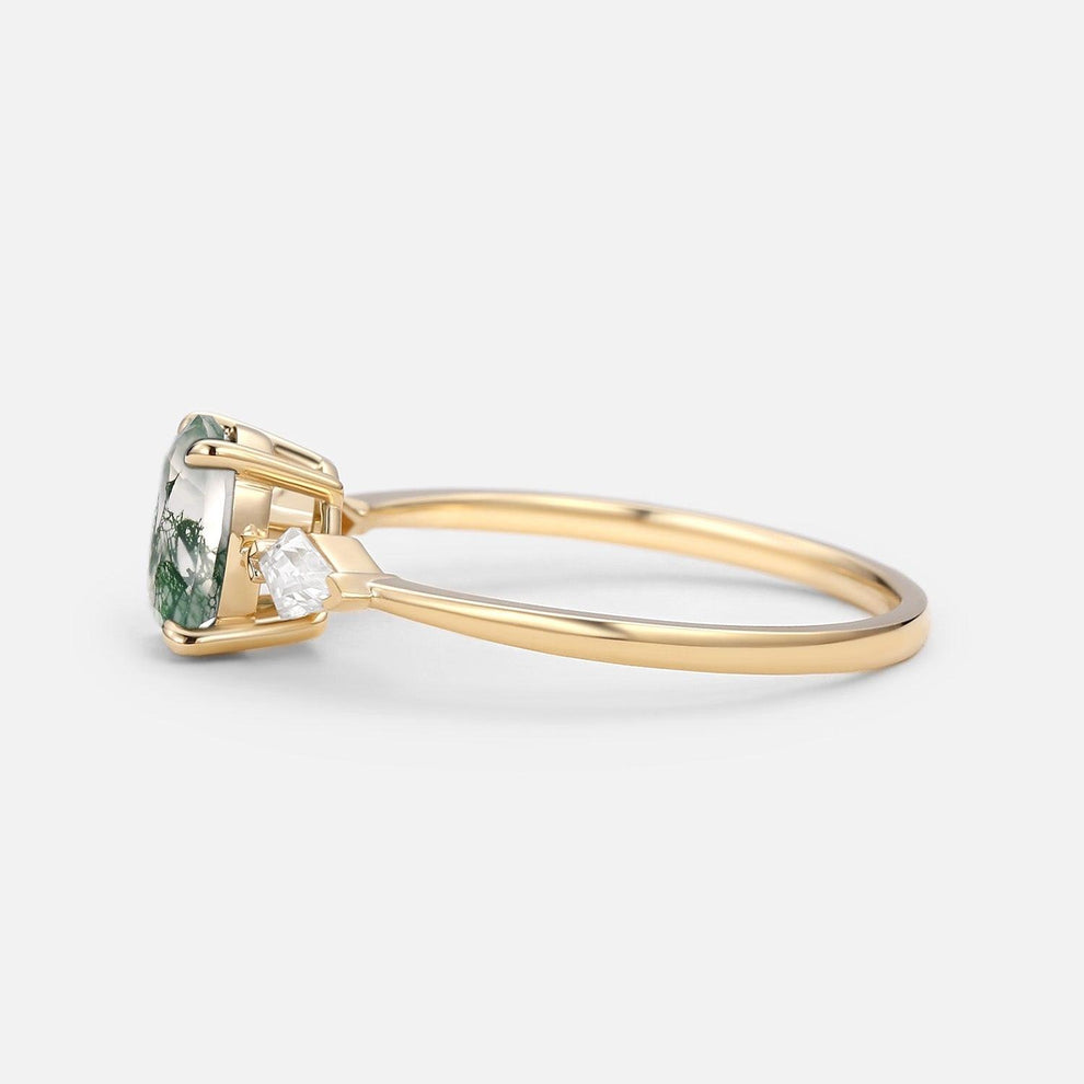 1.5ct Oval Moss Agate Three Stones Engagement Ring.