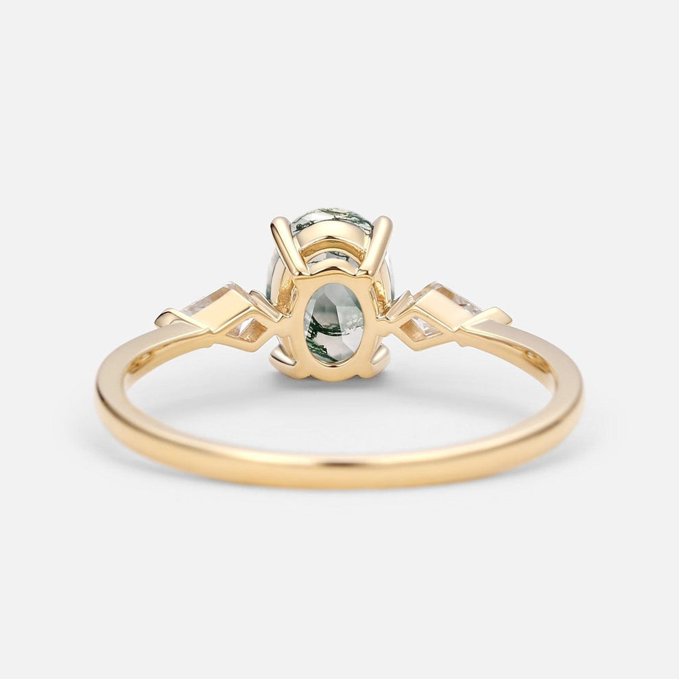 1.5ct Oval Moss Agate Three Stones Engagement Ring.