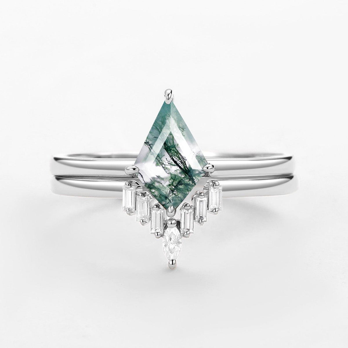 Minimalist Moss Agate Baguette Moissanite Engagement Ring Set 2pcs.