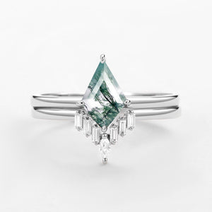 Minimalist Moss Agate Baguette Moissanite Engagement Ring Set 2pcs