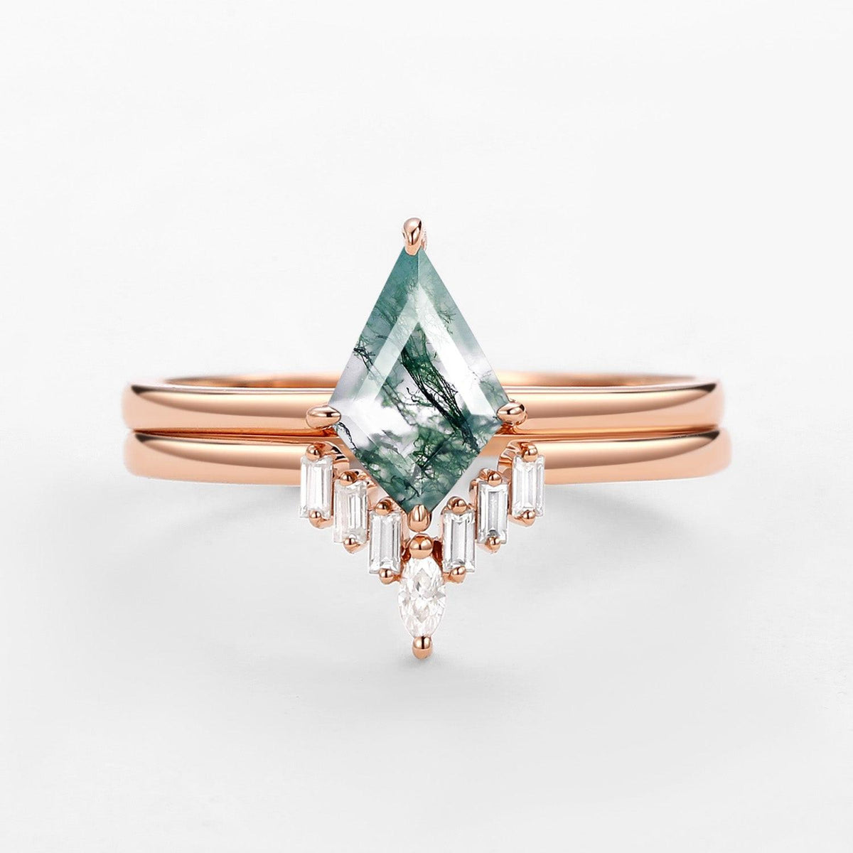 Minimalist Moss Agate Baguette Moissanite Engagement Ring Set 2pcs.