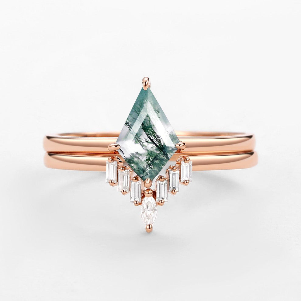 Minimalist Moss Agate Baguette Moissanite Engagement Ring Set 2pcs.
