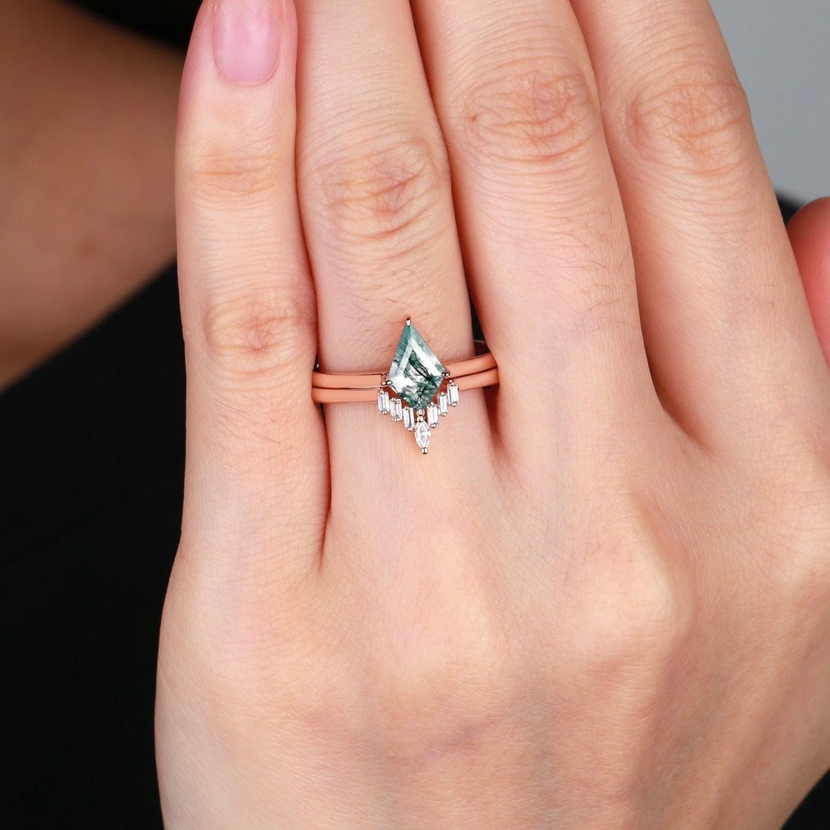 Minimalist Moss Agate Baguette Moissanite Engagement Ring Set 2pcs.