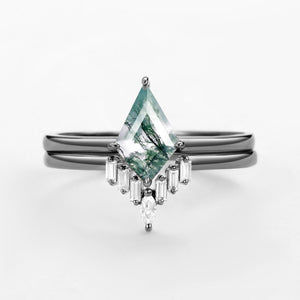 Minimalist Moss Agate Baguette Moissanite Engagement Ring Set 2pcs