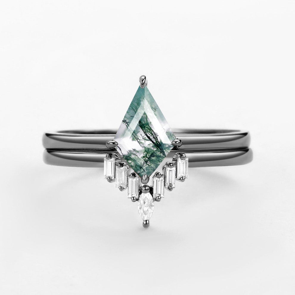 Minimalist Moss Agate Baguette Moissanite Engagement Ring Set 2pcs.
