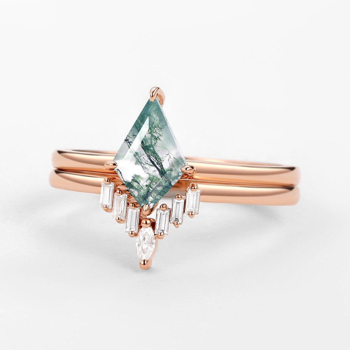 Minimalist Moss Agate Baguette Moissanite Engagement Ring Set 2pcs.
