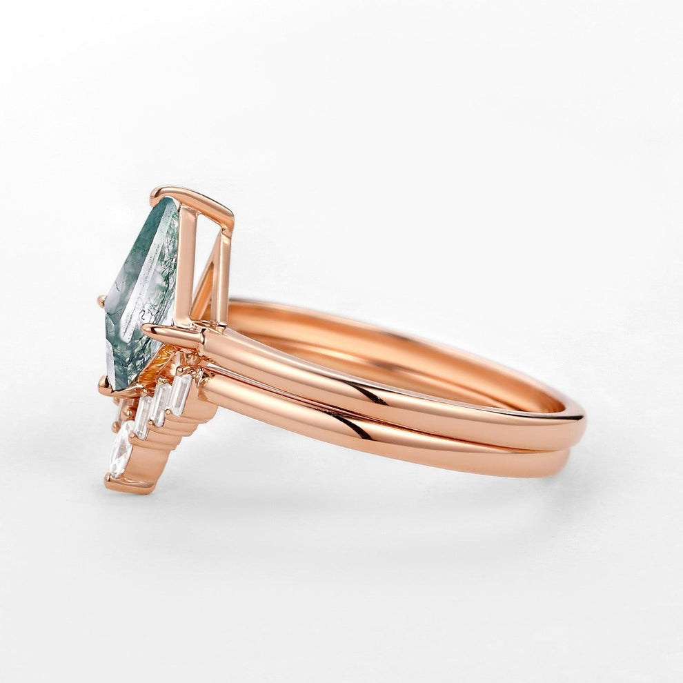 Minimalist Moss Agate Baguette Moissanite Engagement Ring Set 2pcs.