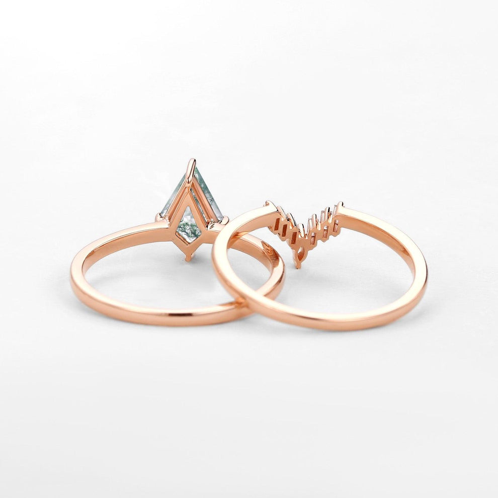 Minimalist Moss Agate Baguette Moissanite Engagement Ring Set 2pcs.