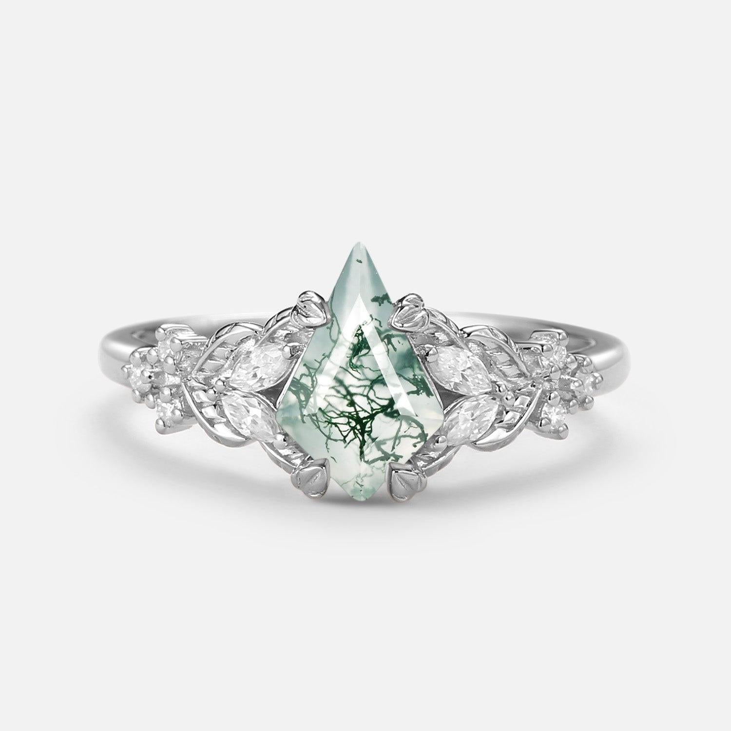 Kite Cut Moss Agate Vine Leafy Gold Engagement Ring.