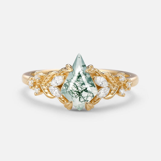 Kite Cut Moss Agate Vine Leafy Gold Engagement Ring.