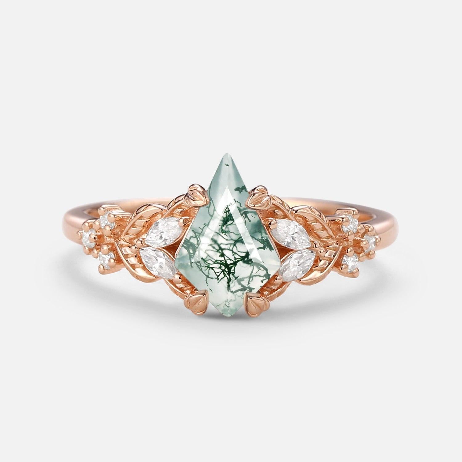 Kite Cut Moss Agate Vine Leafy Gold Engagement Ring.