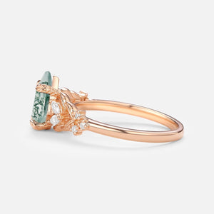 Kite Cut Moss Agate Vine Leafy Gold Engagement Ring.