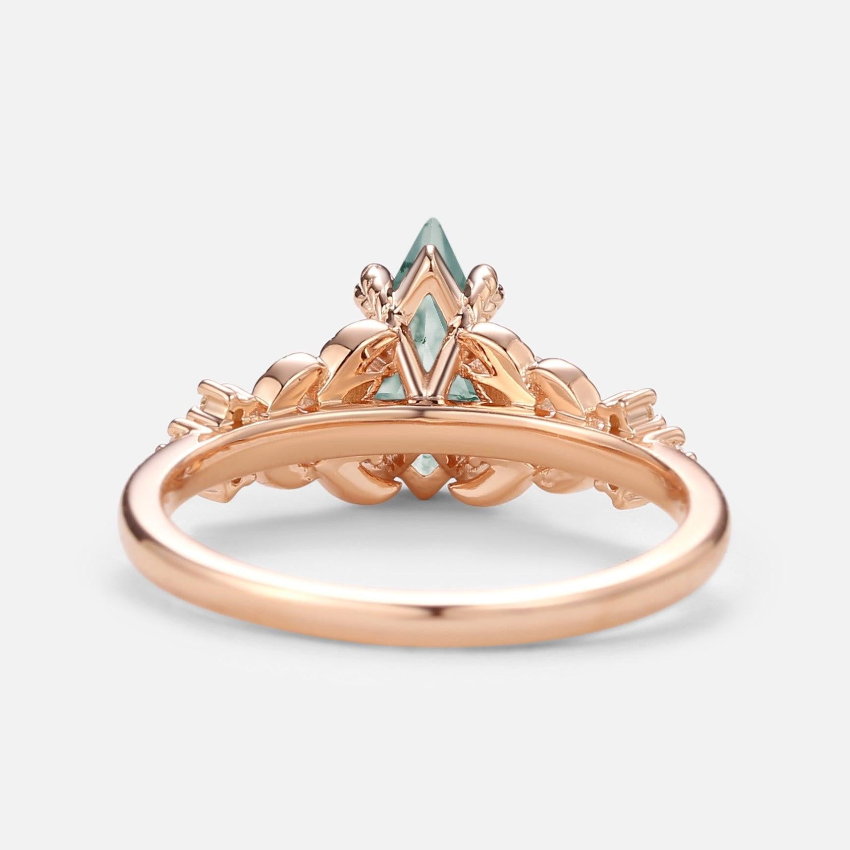 Kite Cut Moss Agate Vine Leafy Gold Engagement Ring.