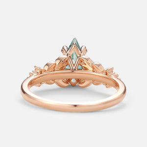 Kite Cut Moss Agate Vine Leafy Gold Engagement Ring.