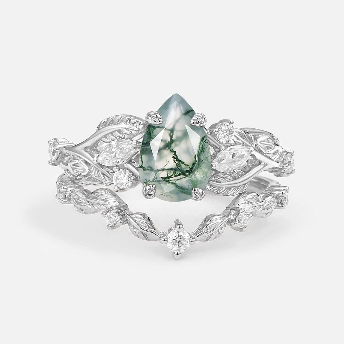 Rosalind’s Heirloom | Pear Cut Moss Agate Leafy Vintage Bridal Set 2pcs.