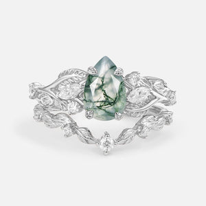 Rosalind’s Heirloom | Pear Cut Moss Agate Leafy Vintage Bridal Set 2pcs.