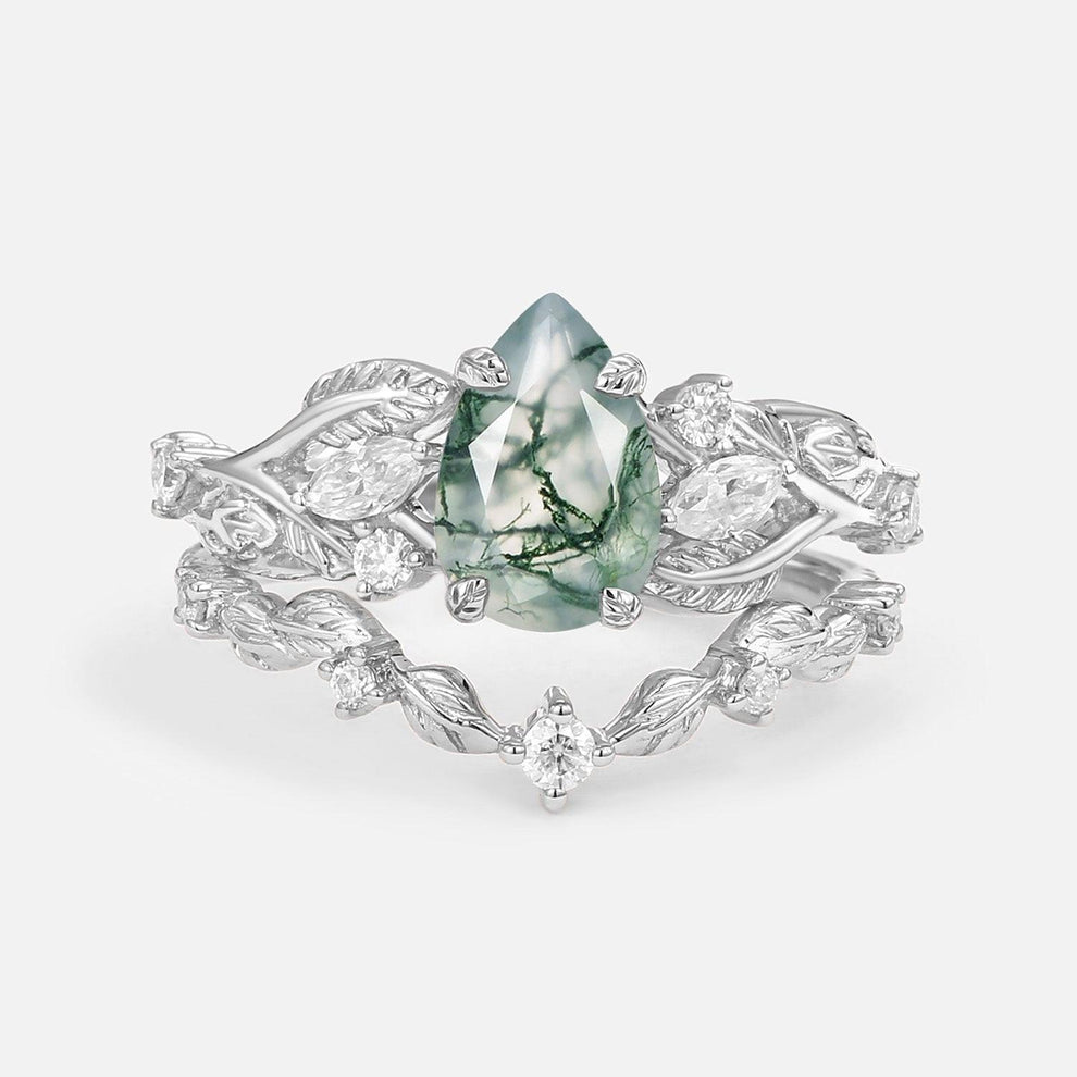 Rosalind’s Heirloom | Pear Cut Moss Agate Leafy Vintage Bridal Set 2pcs.