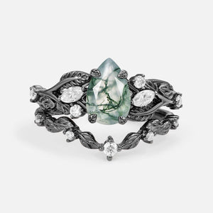 Rosalind’s Heirloom | Pear Cut Moss Agate Leafy Vintage Bridal Set 2pcs.