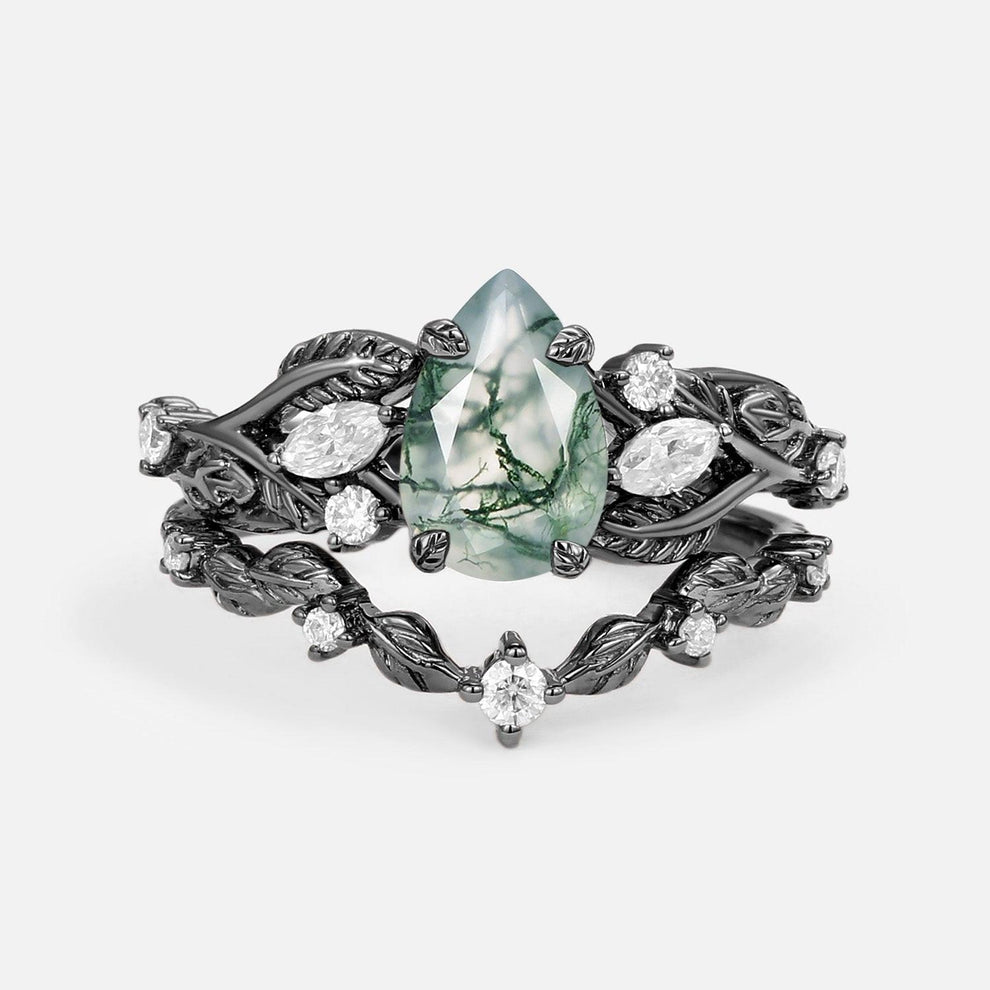 Rosalind’s Heirloom | Pear Cut Moss Agate Leafy Vintage Bridal Set 2pcs.