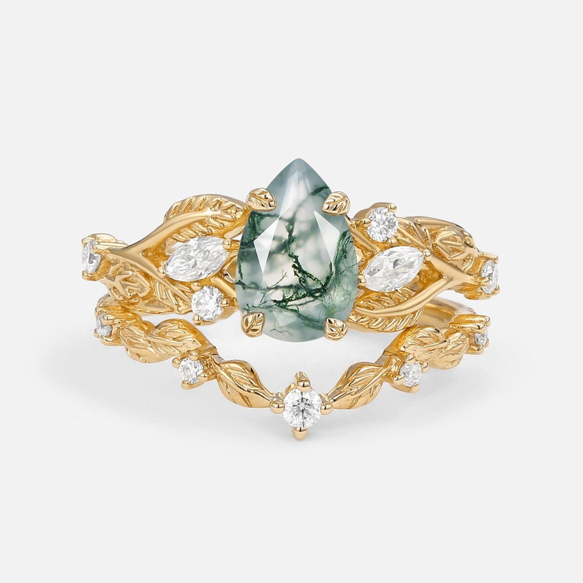 Rosalind’s Heirloom | Pear Cut Moss Agate Leafy Vintage Bridal Set 2pcs.