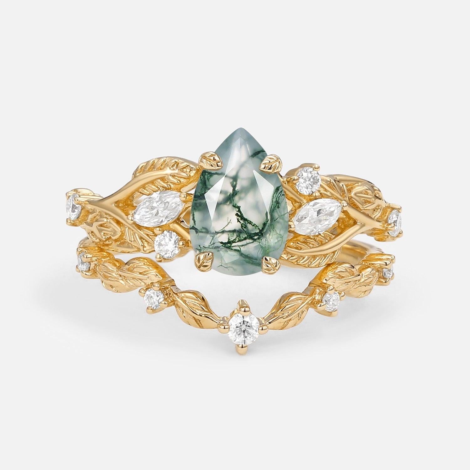 Rosalind’s Heirloom | Pear Cut Moss Agate Leafy Vintage Bridal Set 2pcs.