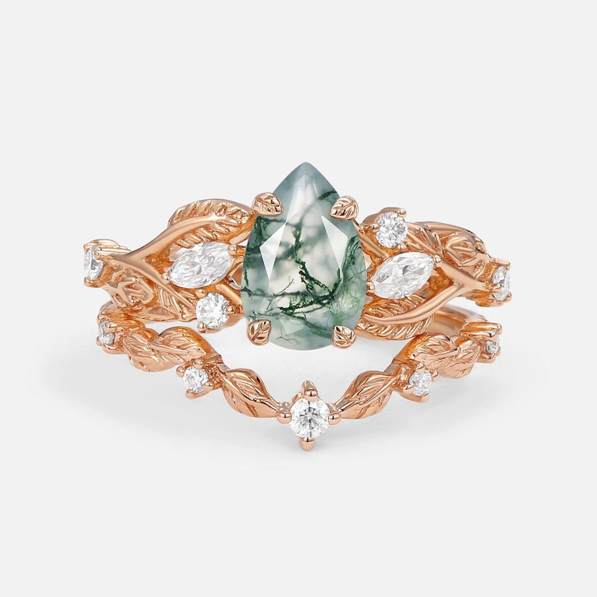 Rosalind’s Heirloom | Pear Cut Moss Agate Leafy Vintage Bridal Set 2pcs.