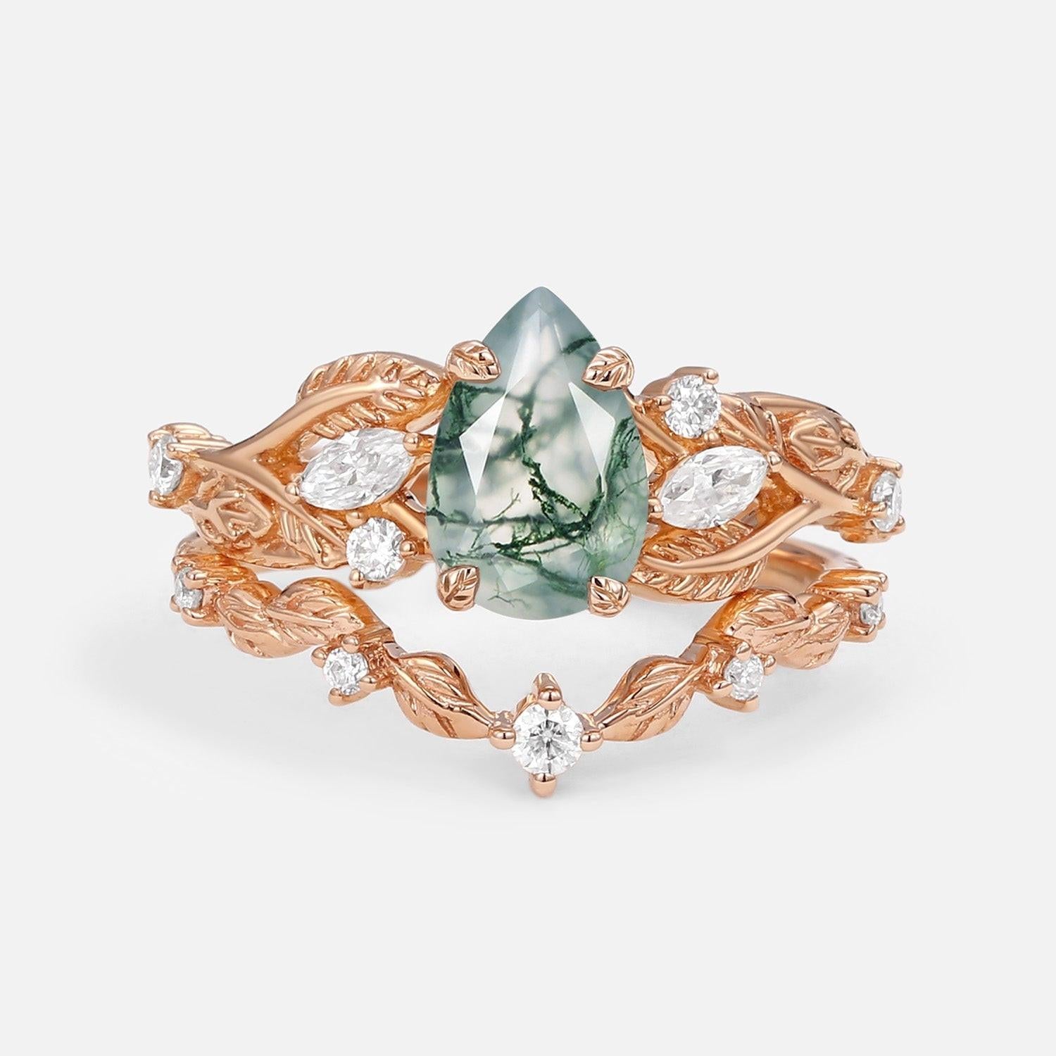 Rosalind’s Heirloom | Pear Cut Moss Agate Leafy Vintage Bridal Set 2pcs.