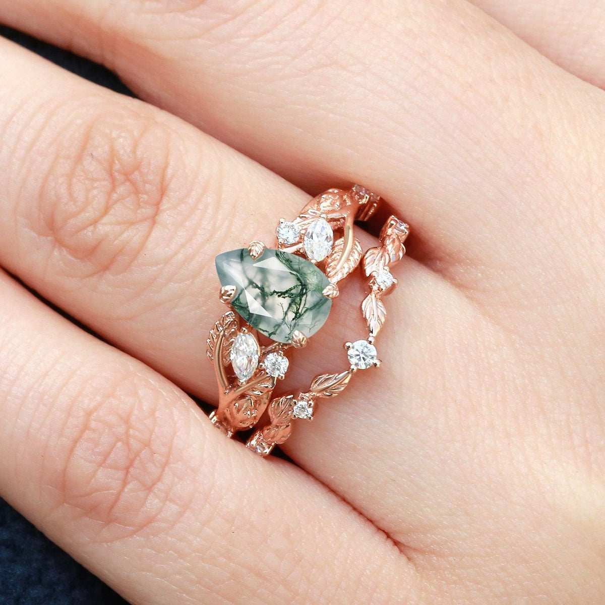 Rosalind’s Heirloom | Pear Cut Moss Agate Leafy Vintage Bridal Set 2pcs.