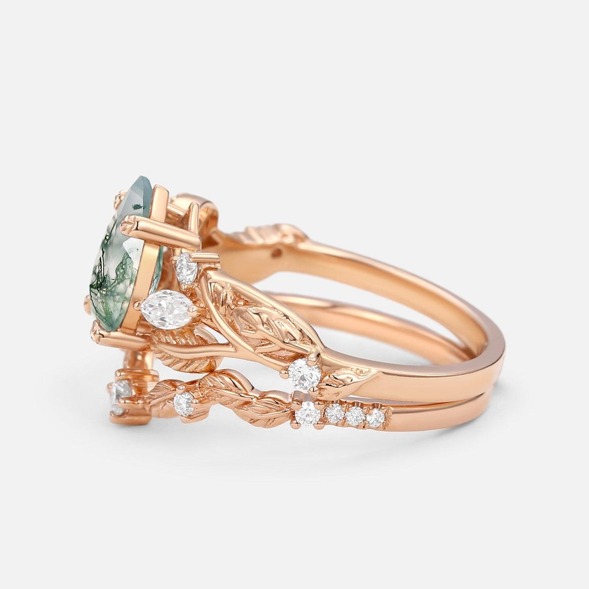 Rosalind’s Heirloom | Pear Cut Moss Agate Leafy Vintage Bridal Set 2pcs.