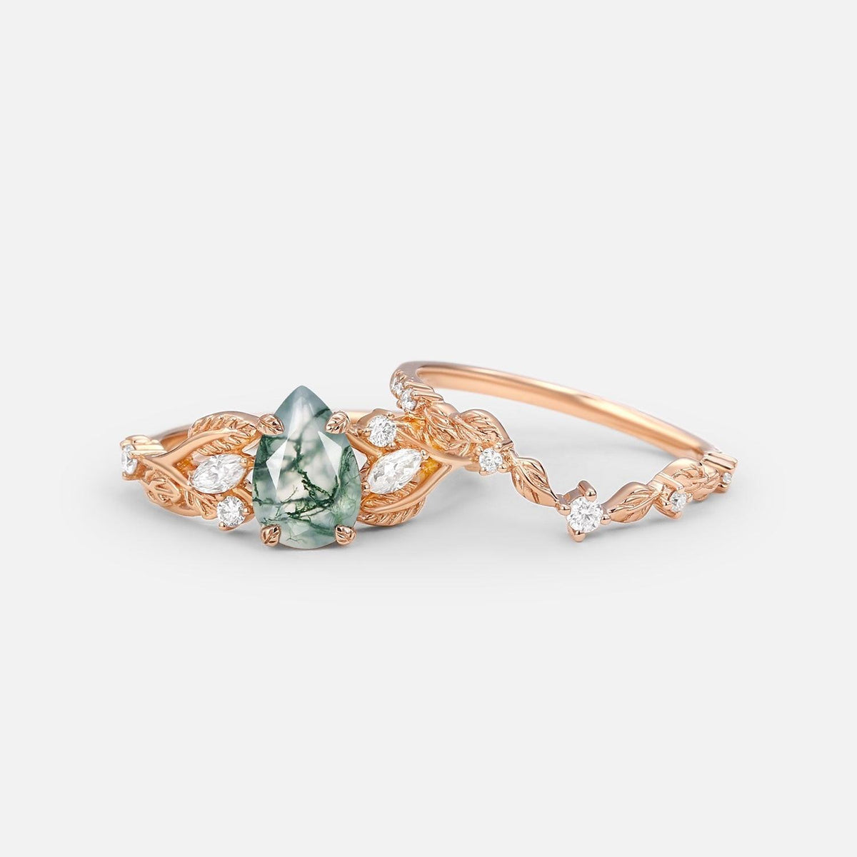 Rosalind’s Heirloom | Pear Cut Moss Agate Leafy Vintage Bridal Set 2pcs.