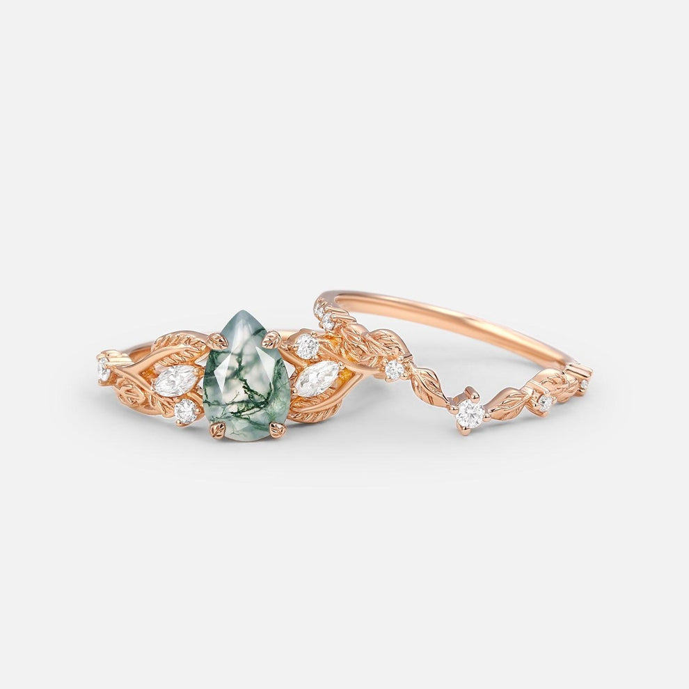 Rosalind’s Heirloom | Pear Cut Moss Agate Leafy Vintage Bridal Set 2pcs.