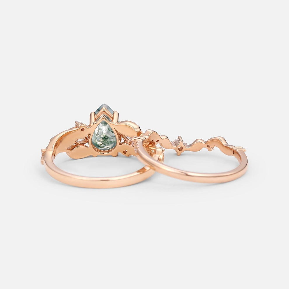 Rosalind’s Heirloom | Pear Cut Moss Agate Leafy Vintage Bridal Set 2pcs.