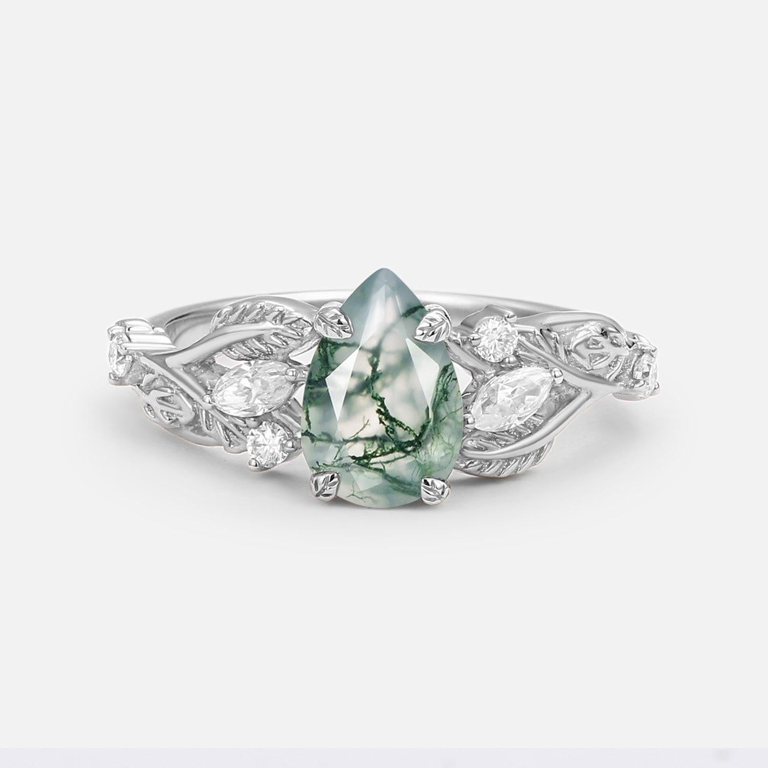 Pear Shaped Moss Agate Leafy Wedding Engagement Ring.