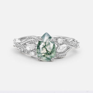 Pear Shaped Moss Agate Leafy Wedding Engagement Ring.